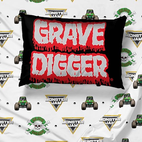 Sunny Side Up Monster Jam Grave Digger Full Sheet Set - 4 Piece Kids Bedding Set Includes Pillow Cover - Super Soft Microfiber Sheets - color: White - Monster Jam, size: 4 Piece Full