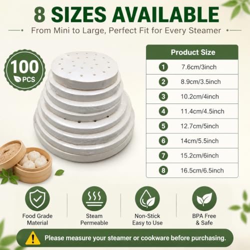 SEIWEI 100pcs 3.5in Air Fryer Parchment Paper Bamboo Steamer Paper Liners, Round Perforated Parchment Paper Sheets, Heat Resistant Non-stick Basket Mat, Perfect for Dumpling Steaming, Baking, Cooking - size: 3.5 inch