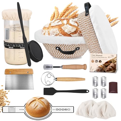 Sourdough Starter Kit with Round & Oval Banneton Bread Proofing Basket Set