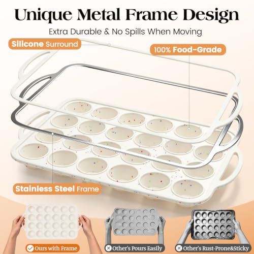 Vinino Mini Muffin Pan with Metal Reinforced Frame-2Pack, Silicone Cupcake Pan for Baking 24 Cup Mini Size, BPA Free Silicone Muffin Tray, Cupcake Baking Pan Molds for Oven Dishwasher Safe - Cream - size: Mini