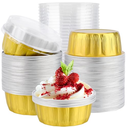 EUSOAR Cupcake Liners, 100pcs 9oz Gold Aluminum Creme Brulee Ramekins with Lids, Disposable Muffin Tins Cupcakes Baking Cups Pudding Holders Mini Brownie Cakes Pans for Wedding Birthday Theme Party - color: Gold, size: 100pcs