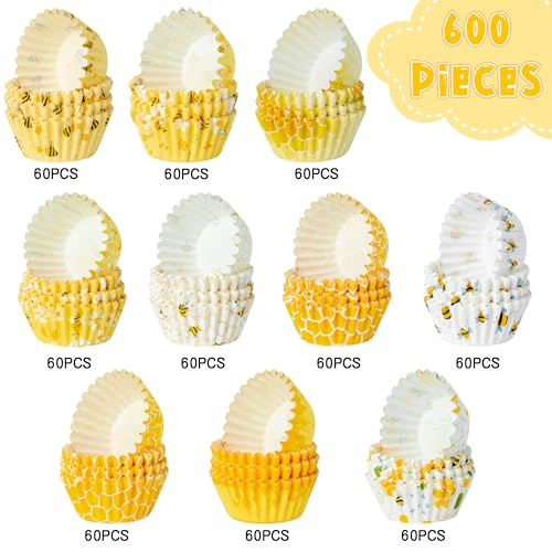 COcnny Bee Mini Cupcake Liners - 600pcs Summer Baking Cups Muffin Paper Cupcakes Wrappers for Birthday Party, Yellow Honey Candy Cake Chocolate Wrap Making Supplies for Baby Shower Wedding (10 Styles) - style: Mini Bee