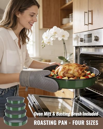 Round Turkey Roasting Pan Set of 4, Enamel Deep Dish Pizza Baking Pan - color: Green
