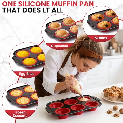 Silicone Muffin Pans for Baking with Metal Frame - 6 Cups Cupcake Pans - color: 6-Cups Red