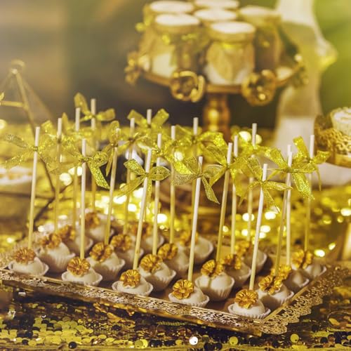 100 Sets Clear Rice Crispy Treat Bags 4x6in with Sticks and Ties Gold Bow