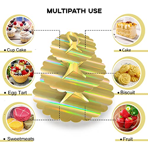 3-Tier Laser Gold Cupcake Stand, 2-Pack Heart Handle Dessert Display Tower, Quick Easy Assembly, Easy Clean for Wedding Birthday Graduation Baby Shower Party Supplies - color: Rainbow Gold 2 Pack