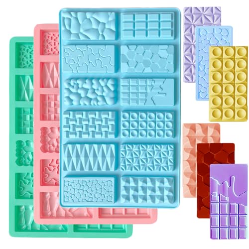 3Pcs Mini Silicone Chocolate Bar Molds, 12 Different Cavities Break Apart Non-stick Chocolate Bar Candy Jello Crayon Gummy Soap Molds 0.39” Thickness Wax Melt Molds for Milk Pistachio Chocolate Bar