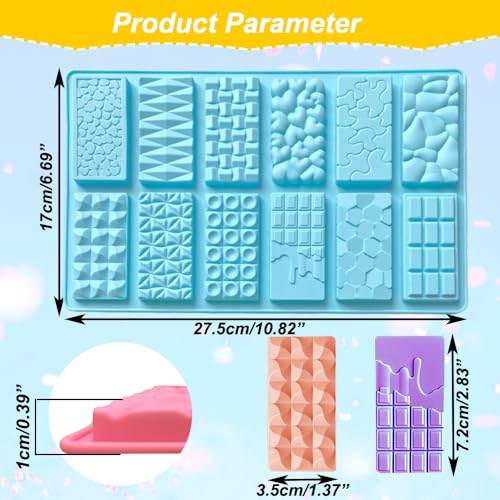 3Pcs Mini Silicone Chocolate Bar Molds, 12 Different Cavities Break Apart Non-stick Chocolate Bar Candy Jello Crayon Gummy Soap Molds 0.39” Thickness Wax Melt Molds for Milk Pistachio Chocolate Bar