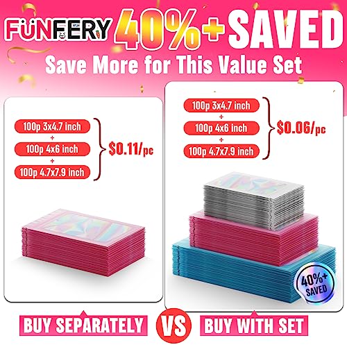 Funfery 300 Pack 3 Size Mylar Holographic Bags with Clear Window,Pink - color: Pink, size: 3x4.7+4x6+4.7x7.9 Inch