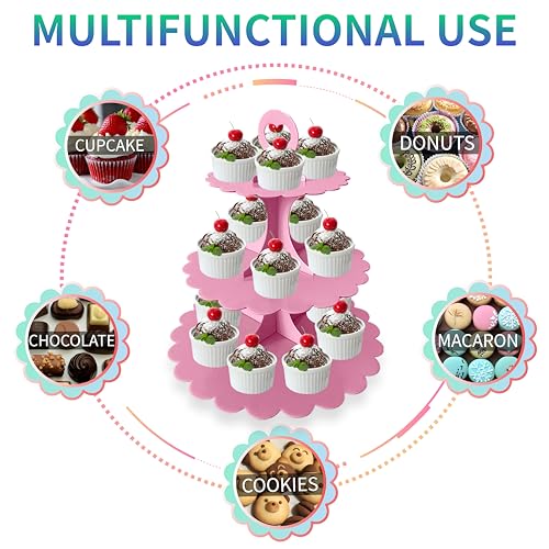 Pink Cupcake Stand 3-Tier, Cardboard Dessert Display Tower, 1-Pack - color: Pink 1 Pack