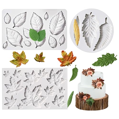 KALAIEN 3pcs Leaf Fondant Mold, Rose Maple Leaves 3D Leaf Silicone Mold - color: 3pcs Leaf Molds