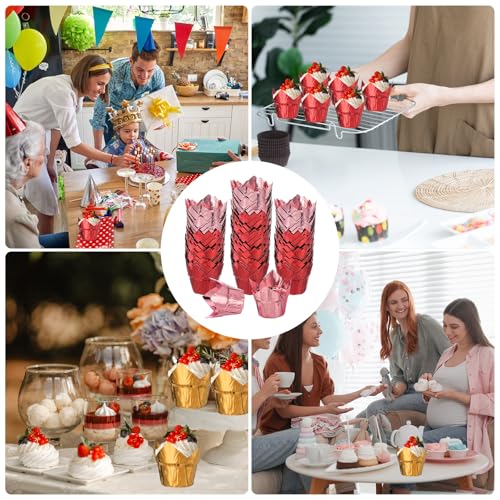uxcell 100 Pcs Tulip Cupcake Liners, Muffins Liners Aluminum Foil Cupcake Wrappers Baking Cups Muffins Liners for Wedding Birthday Party Supplies, Red/Rose Gold - color: Red/Rose Gold