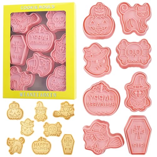 8Pcs Halloween Cookie Cutters 3D Cat Skull Witch Owl Coffin Baking Molds - color: Halloween B
