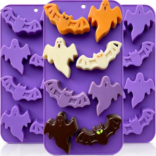 3Pcs Halloween Silicone Mold Ghost Bat Shapes Chocolate Candy Molds - color: Purple
