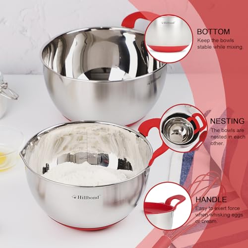 Hillbond Stainless Steel Mixing Bowls with Lids Set, Set of 3, Red - color: Red
