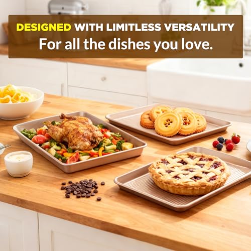 3-Piece Heavy Duty Carbon Steel Baking Sheets Set,Non-Stick Cookie - color: Champagne Gold