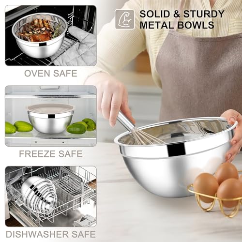 E-far Stainless Steel Mixing Bowls, 7PCS Mixing Bowls with Airtight Lids - color: Khaki, size: 7 Regular Sizes