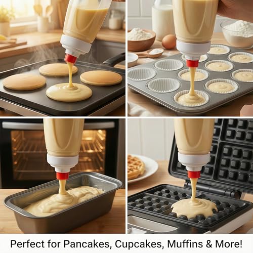 2PCS Pancake Batter Dispenser Bottle for Mixing and Pouring Perfect Batter Ideal for Pancakes Muffins Cupcakes and More Essential Mixer and Shaker Bottle for Kitchen Cooking and Baking
