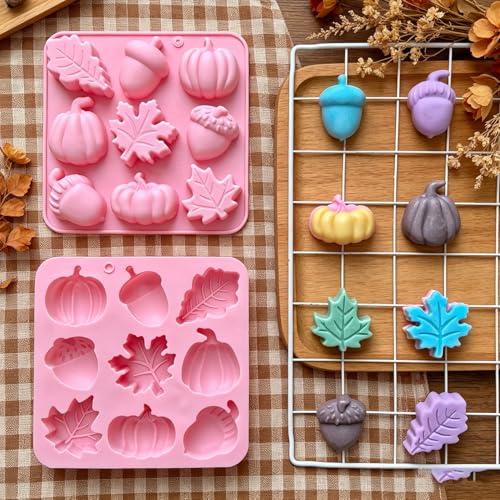 2 Piece Fall Silicone Molds for Chocolate, 3D Maple Leafs Acorns and Pumpkins Shape Autumn Silicone Mold Large Size 18-Cavities Candy Moulds for Thanksgiving Harvest Theme Candy Pudding Jelly Making - color: Fall Styl 50