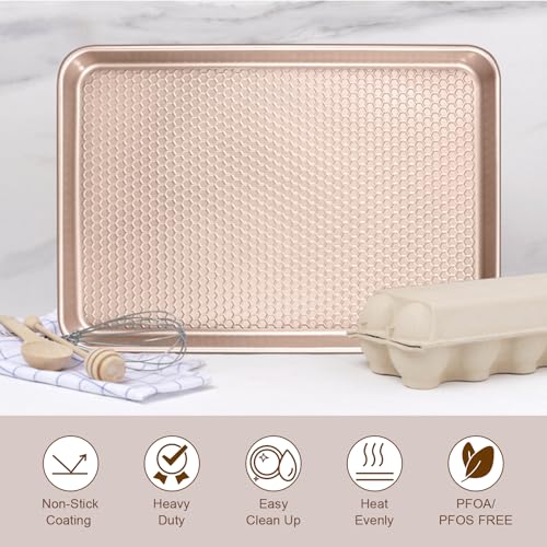 Wildone Baking Sheet Pan Set of 2, Honeycomb Embossed Nonstick Cookie Sheet - color: Textured Rose Gold, size: 17.5x12x1 inch Set