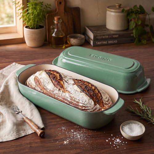 EDGING CASTING Enameled Cast Iron Loaf Pan with Lid, Bread pan, Dutch Oven Bread pan for Homemade Sourdough Bread Baking, 12.5x5.5 inch, 5qt, Sage Green - color: Sage Green
