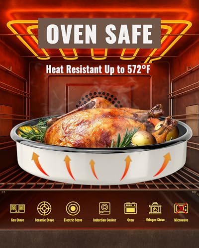 Round Roasting Pan Set, Enamel 10 Inch Deep Dish Pizza Pan for Oven - color: Creamy White - 10 Inch