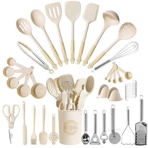 Kikcoin 43 PCS Silicone Kitchen Utensils Set, Cooking Utensils Set, Cream - color: Cream