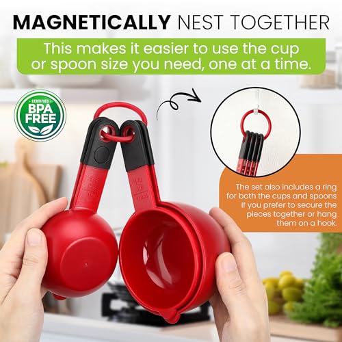 Spring Chef Set of 9 Plastic Magnetic Red Measuring Cups and Spoons - color: Red