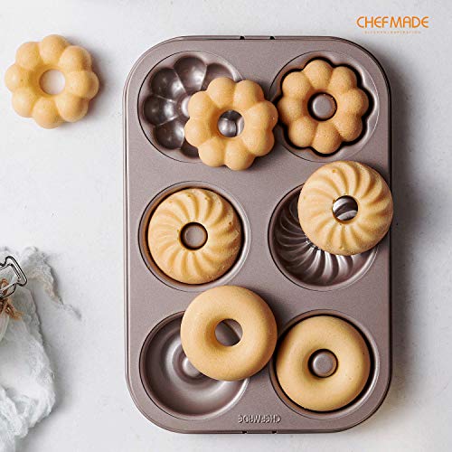 CHEFMADE Donut Mold Cake Pan, 6-Cavity Non-Stick Pattern Doughnut Bakeware for Oven Baking (Champagne Gold) - size: 04 - Fancy 6 Cups