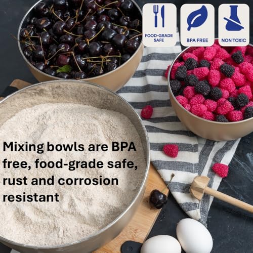 WHYSKO Stainless Steel Mixing Bowls Set, 3-Piece with Silicone Base - color: Tan