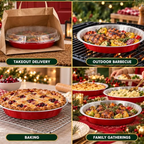 25 Pack 9 Inch Heavy Duty Aluminum Pie Tins with Lid, Red - color: Red