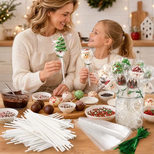 600Pcs Lollipop Stick, 6IN Cake Pop Sticks with Clear Treat Bags & Green Twist Ties, Cake Pops Making Tools for Lollipops, Candies, Chocolates Cookies - color: Green 600Pcs