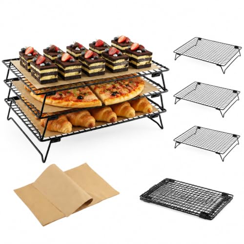 3 Pack Stackable Cooling Racks for Baking, 13.5 x 10 Inch Stainless Steel Wire Racks with Folding Legs, Oven Safe Baking Racks for Cookies, Cakes and Meat, Includes 50 Parchment Paper Sheets