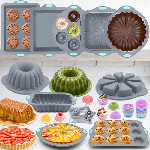 To encounter 51 Piece Silicone Baking Pan Set, Non-Stick Bakeware Set with Baking Pans, Reusable Donut Mold, Food-Grade Silicone Molds for Cakes, Cookies, Muffins, Bread, Light Grey - size: 51 Pcs Bakeware Sets