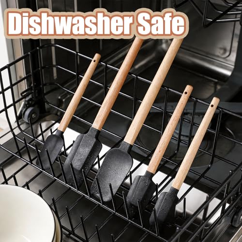 5 Piece Silicone Spatula Set with Wooden Handle, High Heat Resistant Non Stick Kitchen Spatulas, BPA-Free Food Grade Silicone Utensils for Cooking Baking Mixing Jar Scraping, Black