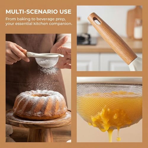 Steel Fine Mesh Food Strainer 10cm - Wooden Handle Flour Sieve for Sugar Flour Quinoa Corn Starch Juices Soy Milk, Kitchen Baking and Cooking