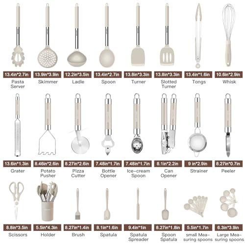 Kitchen Utensils Set-Silicone Cooking Utensils-33pcs Non-Stick Silicone Cooking Kitchen Utensils Spatula Set with Holder-Best Kitchen Cookware with Stainless Steel Handle (Khaki) - color: Khaki