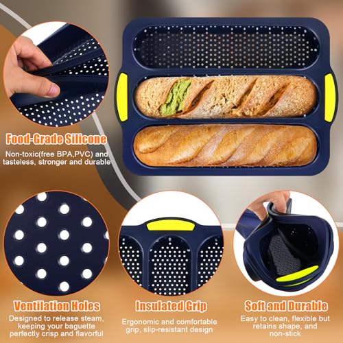 2 Pcs Silicone Baguette Bread Pan, 3-Cavity Hot Dog Bun Pan - style: 3-Cavity Baguette Bread Pan