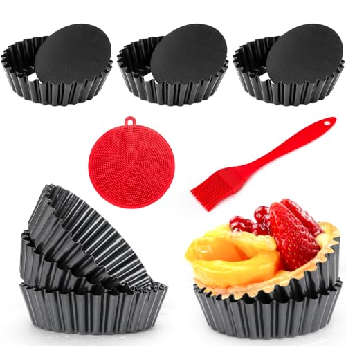 8 Pack Mini Tart Pans 4 Inch with Removable Bottom Round Nonstick Quiche Pan, 1.2 Inch Deep Mini Pie Pans with Oil Brush&Silicone Scrubber Heavy Duty for Baking Fruit Tarts, Dessert - color: 4-inch Set of 8