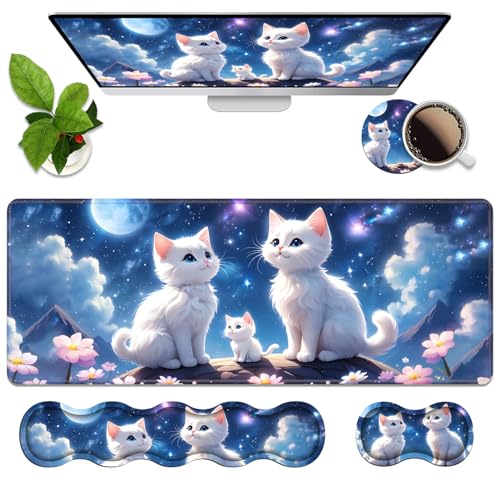 4 in 1 Ergonomic Memory Foam Mouse Pad Wrist Rest Set, Large XXL Gaming Desk Pad + Keyboard Wrist Rest + Mouse Wrist Cushion + Coaster for Home Office Study Gaming, Cute Cat - color: Cute Cat