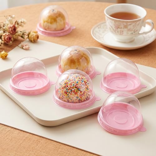 200 Set Mini Cupcake Boxes, 2.76x2.76x2 inch Clear Plastic Container Box with Pink Base & Dome Lid for Muffin, Pastry, Dessert, Mooncake, Wedding Birthday Party Supplies