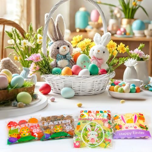 Soarvita 200PCS Easter Self Sealing Cookie Bags: 4x4 Inch Clear Cellophane Treat Bags with Happy Easter Bunny Designs for Candy Goodie Gifts Packaging, Ideal for Classroom Exchange, Party Favors - color: Easter 200pcs