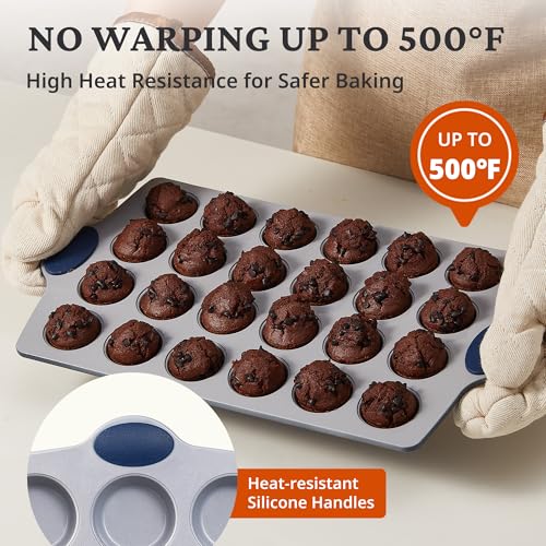 BRONYPRO 2-Pack 12 Cup and Mini 24 Cup Non Toxic Nonstick Ceramic Muffin Pan & Cupcake Tin, PFOA & PTFE Free, Heavy Duty Rust-Resistant Aluminized Steel, Oven Safe, Blue - color: Blue, size: 12+24 Cup Muffin Pan (2 pack)