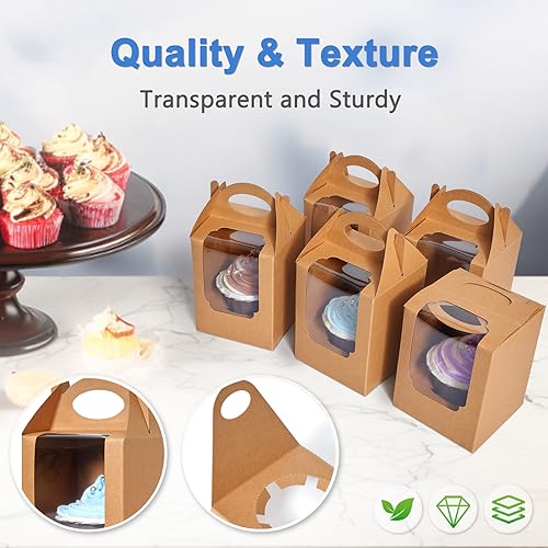 Cupcake Boxes 100 pcs, Individual Cupcake Carrier Brown with Window Insert and Handle Pastry Containers Single Muffins Container for Bakery Wrapping Party Favor Packing - color: Brown, size: 100