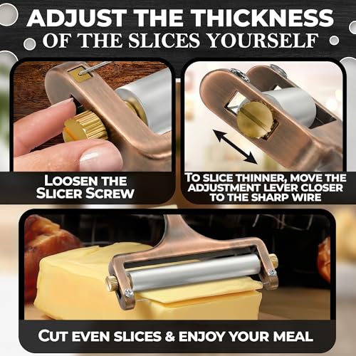 Rolling Cheese Slicer with Wire, Adjustable Thickness (Bronze Wire)