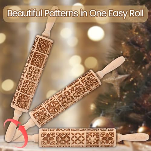 Christmas Embossed Rolling Pin for Baking Cookies Embossing Rolling Pins with Design Wooden Engraved Springerle Roller Pin Dough Patterned Clay Pottery Ceramic Bakers Women (Vintage Square Patterns) - color: Vintage