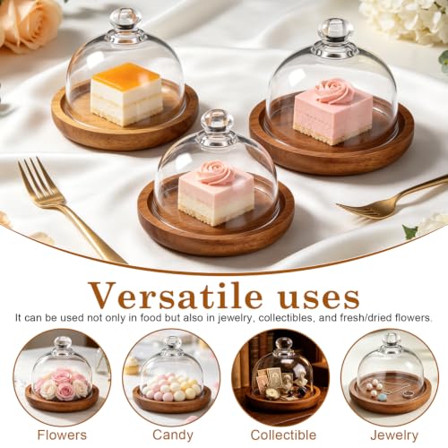 Yardwe 2 Pack Mini Cake Stand with Glass Dome Lid - 3.4" Small Dessert Dome Wood Base - Cupcake Cloche Cover for Pastries Cheese Charcuterie - Clear Glass Plate Server for Individual Portion Display