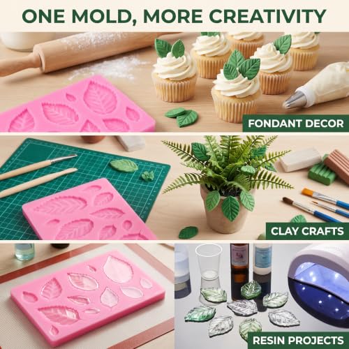 3D Small Leaf Molds Silicone for Sugar Paste, Chocolate, Fondant, Butter, Resin, Polymer Clay, Wax, Soap, Crafting Projects and Cake Decoration Decorating, 3Pcs