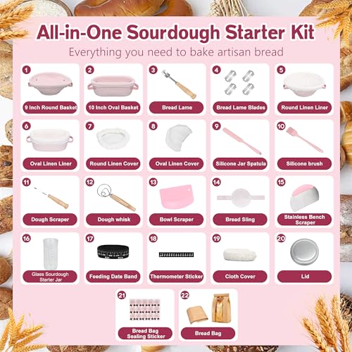 Beginner Sourdough Starter Kit with Proofing Baskets & Jar, Baking Supplies - color: Pink