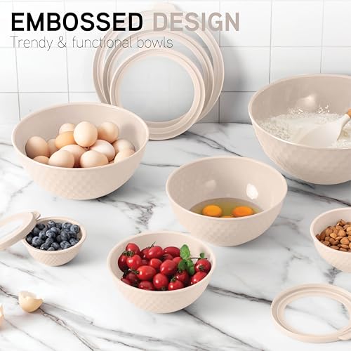 COOK WITH COLOR Mixing Bowls with Lids - 12 Piece Plastic Nesting Bowls Set includes 6 Prep Bowls and 6 Lids, Microwave Safe Mixing Bowl Set, Cream Embossed - color: Cream Embossed